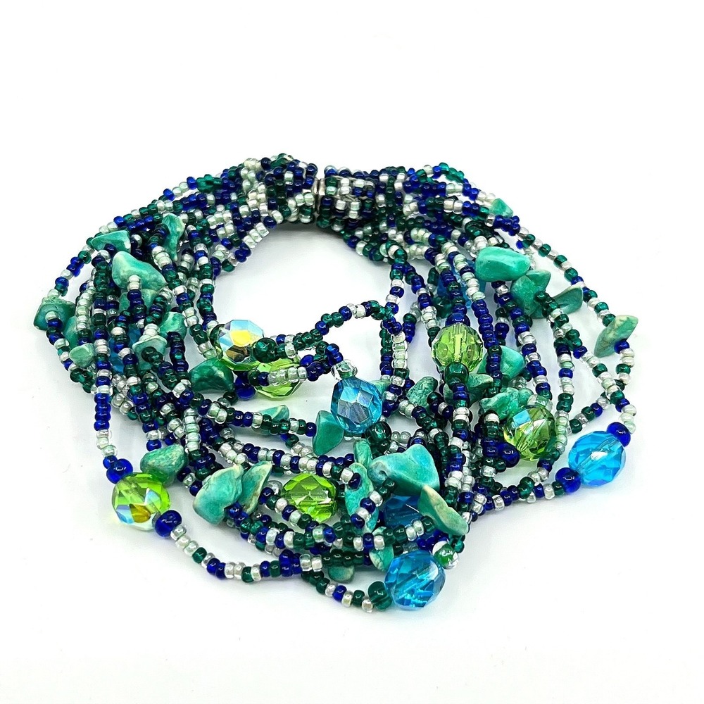 Vintage Boho Multi-Strand Beaded Bracelet Teal Blue Green Turquoise Glass Chunky